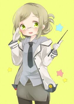 1girl :d black_necktie black_pantyhose blush brown_hair collared_shirt commentary_request cowboy_shot dress_shirt folded_ponytail glass gloves green_eyes grey_shirt grey_skirt highres jacket kantai_collection katori_(kancolle) long_sleeves looking_at_viewer medium_hair motohara_moka necktie off_shoulder open_clothes open_jacket open_mouth pantyhose parted_bangs pencil_skirt shirt side_slit sidelocks simple_background skirt smile solo standing star_(symbol) white_gloves white_jacket yellow_background