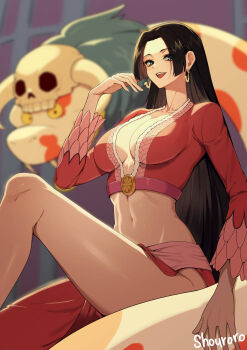1girl black_hair blue_eyes boa_hancock breasts crop_top highres large_breasts long_hair midriff non-web_source one_piece open_mouth red_shirt salome_(one_piece) shirt shouroro smile teeth upper_teeth_only