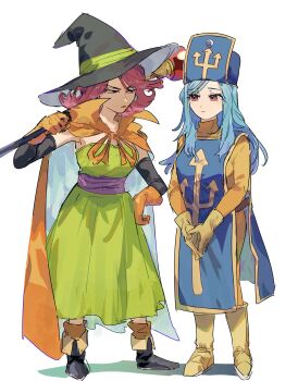 2girls absurdres black_boots black_hat black_sleeves blue_hair blue_hat blue_tabard bodysuit boots breasts cape closed_mouth commentary_request detached_sleeves dragon_quest dragon_quest_iii dress earrings full_body gloves green_dress hand_on_own_hip hat highres holding holding_staff jewelry long_hair looking_at_another mage_(dq3) mage_staff medium_breasts medium_hair mogana_zo multiple_girls orange_bodysuit orange_cape orange_gloves pink_hair popped_collar priest_(dq3) purple_sash red_eyes red_lips sash staff standing tabard two-sided_cape two-sided_fabric white_background witch_hat yellow_boots yellow_gloves
