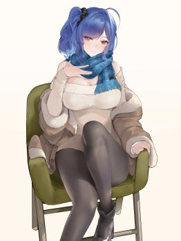 1girl absurdres ahoge alternate_costume azur_lane biu_biu_bin black_pantyhose blue_hair blue_scarf breasts casual commentary_request fur-trimmed_jacket fur_trim hand_on_own_chest highres jacket knee_up large_breasts looking_at_viewer off-shoulder_sweater off_shoulder open_clothes open_jacket pantyhose plaid_clothes plaid_scarf scarf side_ponytail simple_background sitting smile solo st._louis_(azur_lane) sweater