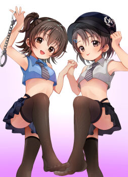 2girls :p akagi_miria black_hair black_hat black_skirt black_thighhighs blue_shirt blue_skirt blush breasts cropped_shirt cuffs diagonal-striped_clothes diagonal-striped_necktie gradient_background grey_necktie hand_grab handcuffs hat holding holding_handcuffs idolmaster idolmaster_cinderella_girls interlocked_fingers leg_up loli looking_at_viewer miniskirt multiple_girls necktie newsboy_cap no_shoes pleated_skirt sasaki_chie shirt simple_background skirt small_breasts smile striped_clothes striped_necktie thighhighs tongue tongue_out two_side_up white_shirt zero7shi
