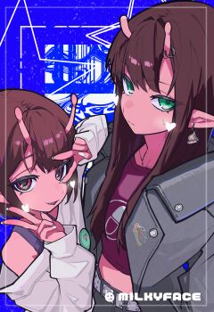 2girls absurdres alien antennae belt black_jacket black_pants brown_hair colored_skin commentary_request crop_top daidouji_akane double_v ear_piercing firefly_png green_eyes heart highres jacket kujo_chiharu leather leather_jacket long_hair looking_at_viewer midriff milky_subway multiple_girls off-shoulder_sweater off_shoulder open_mouth pants piercing pointy_ears purple_shirt red_eyes red_skin shirt short_hair sweater v white_belt white_sweater