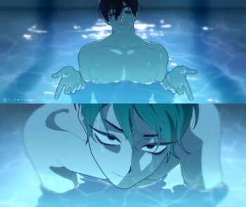 2boys alien_stage black_eyes black_hair chainsaw_man commentary english_commentary fang fang_out grey_hair highres i&#039;ll_teach_you_everything_(chainsaw_man) ivan_(alien_stage) lqbtill male_focus multiple_boys partially_submerged pectorals red_pupils signature till_(alien_stage) water