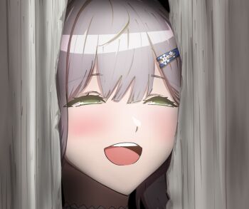 1girl behind_curtains blush close-up commentary curtains english_commentary gillisk green_eyes grey_hair highres hololive open_mouth shirogane_noel solo virtual_youtuber