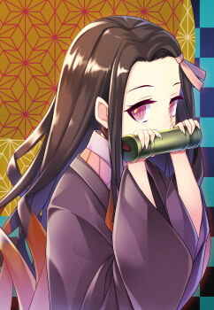 Rule 34 | 1girl, absurdres, asa no ha (pattern), brown hair, commentary request, edamame senpai, eyelashes, fingernails, gag, highres, japanese clothes, kamado nezuko, kimetsu no yaiba, kimono, long hair, looking at viewer, pink ribbon, ribbon, sharp fingernails, solo, wide sleeves