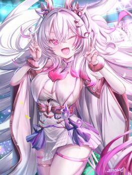 1girl absurdres baki_(duel_masters) bangle bracelet breasts cleavage cleavage_cutout clothing_cutout commentary_request double_v duel_masters fang geimudou gradient_clothes gradient_hair hair_between_eyes hair_ornament highres horns japanese_clothes jewelry kimono large_breasts long_hair looking_at_viewer multicolored_hair one_eye_closed open_mouth pink_eyes pink_hair signature solo thigh_strap v very_long_hair white_hair white_kimono