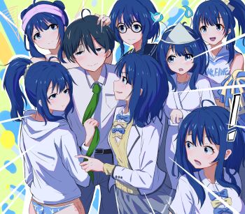 Rule 34 | 1boy, 1girl, absurdres, ahoge, bikini, black sailor collar, blazer, blue bikini, blue bow, blue bowtie, blue eyes, blue hair, blush, bow, bowtie, braid, cardigan, cheerleader, closed mouth, clothes grab, collared shirt, double bun, ghost costume, glasses, green necktie, grey skirt, hair bun, hair ornament, hair scrunchie, hetero, highres, hitodama, holding, holding pom poms, hood, hoodie, jacket, japanese clothes, k2s, kimono, long sleeves, make heroine ga oo sugiru!, medium hair, multiple views, necktie, necktie grab, neckwear grab, nukumizu kazuhiko, open mouth, pom pom (cheerleading), pom poms, ponytail, pout, round eyewear, sailor collar, school uniform, scrunchie, shiroshouzoku, shirt, short hair, side-tie bikini bottom, skirt, string bikini, swimsuit, towel, towel on head, triangular headpiece, twin braids, white hoodie, white jacket, white shirt, yanami anna, yellow bow, yellow bowtie, yellow cardigan, yellow scrunchie