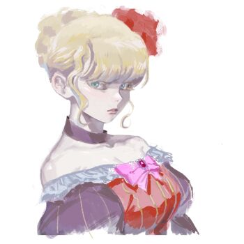 1girl absurdres bare_shoulders beatrice_(umineko) blonde_hair blue_eyes bow bowtie brooch choker colored_eyelashes dress expressionless flower hair_bun hair_flower hair_ornament highres jewelry looking_at_viewer mapomap0 off-shoulder_dress off_shoulder sidelocks simple_background single_hair_bun solo umineko_no_naku_koro_ni upper_body white_background