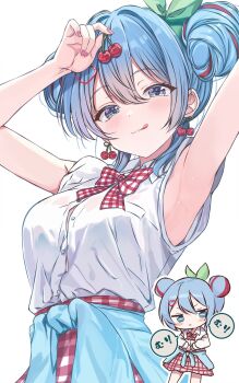 1girl abs annoyed armpits arms_up blue_eyes blue_hair blush bow bowtie breasts checkered_bow checkered_bowtie checkered_clothes cherry cherry_earrings cherry_pop_(vocaloid) chibi chibi_inset commentary commentary_request cowboy_shot cutlass_(classic_chocolate) double_bun earrings food food-themed_earrings food_themed_earrings fruit hair_between_eyes hair_bun hatsune_miku highres jewelry light_blush looking_at_viewer medium_breasts multiple_views partially_unbuttoned patterned_clothing sidelocks simple_background sleeves_rolled_up solo speech_bubble tongue tongue_out upper_body white_background