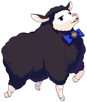 Rule 34 | animal focus, artist request, black eyes, black fur, black sheep, black tail, blue bow, bow, full body, hooves, lowres, mabinogi, nexon, no humans, official art, open mouth, pan (mabinogi), second-party source, sheep, simple background, standing, transparent background