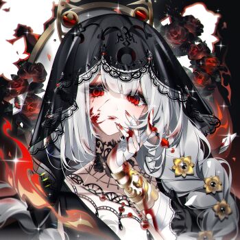 Rule 34 | 1girl, black dress, black flower, black rose, black veil, blood, blood on face, blood on hands, bracer, commission, dress, fire, flower, hand on own cheek, hand on own face, hand up, highres, lace-trimmed veil, lace trim, long braid, looking at viewer, official alternate costume, parted lips, portrait, red eyes, red nails, reverse:1999, rose, second-party source, semmelweis (reverse:1999), semmelweis (the wax and wane of the heart) (reverse:1999), solo, sparkle, veil, white hair, youmi jintian ye yao jiayou miao