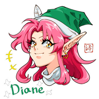 1girl character_name diane_(shining_force) earrings elf english_text eyelashes hat hat_feather head_only hoop_earrings jewelry long_hair looking_at_viewer neck okeko parted_bangs pink_hair pointy_ears shining_(series) signature single_earring slit_pupils smile solo white_background