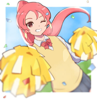 1girl black_skirt confetti dutch_angle half-closed_eye highres inadori inazuma_eleven_(series) inazuma_eleven_victory_road multicolored_hair pink_eyes pink_hair pom_pom_(cheerleading) ponytail ribbon school_uniform shinohara_raika skirt sky smile solo streaked_hair