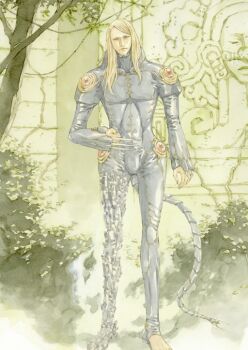 1boy arm_at_side asymmetrical_legwear blonde_hair bodysuit claw_(weapon) clenched_hand closed_mouth exoskeleton expressionless fate/grand_order fate_(series) full_body game_cg grey_bodysuit hand_up high_collar long_hair looking_at_viewer male_focus official_art parted_bangs sho-u_tajima single_bare_foot solo standing tezcatlipoca_(fate) tezcatlipoca_(second_ascension)_(fate) third-party_source variant_set weapon