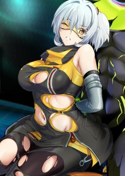 1girl arms_behind_back bare_shoulders breasts clenched_teeth commentary_request detached_sleeves ethereal_(zenless_zone_zero) goggles highres large_breasts large_variant_set one_eye_closed onigirikun orange_eyes pants ponytail restrained short_hair soldier_11_(zenless_zone_zero) teeth torn_clothes variant_set white_hair zenless_zone_zero zipper