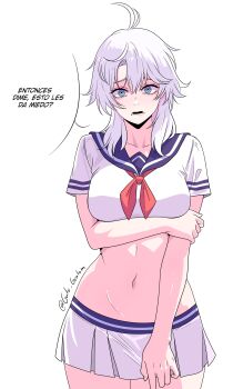 1girl absurdres antenna_hair blue_eyes blue_sailor_collar breasts chainsaw_man famine_devil_(chainsaw_man) gratam highres long_hair looking_at_viewer lower_teeth_only medium_breasts midriff miniskirt navel neckerchief official_alternate_costume open_mouth pleated_skirt red_neckerchief ringed_eyes sailor_collar shirt short_sleeves simple_background skirt spanish_text speech_bubble stomach teeth translation_request twitter_username white_background white_hair white_shirt white_skirt