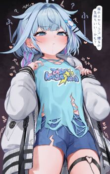 Rule 34 | 1girl, ?, ahoge, blue eyes, blue hair, blue shirt, blue shorts, blunt bangs, braid, closed mouth, commentary request, ear piercing, earclip, hair flaps, hair ornament, hairclip, heart, heart o-ring, highres, hololive, hololive dev is, hood, hooded jacket, jacket, lightning ahoge, long hair, low twin braids, mizumiya su, mizumiya su (1st costume), multicolored hair, namama (namama82), nipple stimulation through clothes, o-ring, o-ring thigh strap, partial commentary, piercing, pink streaks, shirt, short shorts, shorts, solo, speech bubble, streaked hair, thigh strap, torn clothes, torn shirt, translated, twin braids, virtual youtuber, white jacket