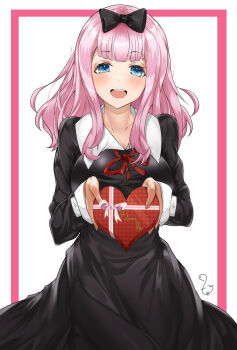 1girl absurdres black_bow black_dress blue_eyes blunt_bangs bow box box_of_chocolates breasts candy chocolate chocolate_heart commentary_request cowboy_shot dress food fujiwara_chika hair_bow heart heart-shaped_food highres holding holding_chocolate holding_food kaguya-sama_wa_kokurasetai_~tensai-tachi_no_renai_zunousen~ large_breasts long_hair long_sleeves looking_at_viewer neck_ribbon open_mouth pink_hair red_ribbon ribbon school_uniform shuuchiin_academy_school_uniform signature smile solo t3x teeth upper_teeth_only white_background winter_uniform