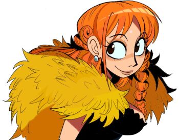 1girl braid braided_sidelock breasts capelet closed_mouth commentary crop_top earrings from_side fur-trimmed_capelet fur_trim jewelry jojomama38 large_breasts long_hair looking_at_viewer nami_(one_piece) official_alternate_costume official_alternate_hairstyle one_piece orange_hair pearl_earrings single_sidelock smile solo stud_earrings upper_body white_background yellow_capelet