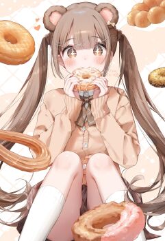 +_+ 1girl animal_ears artist_name bear_ears blunt_bangs blush bow bowtie brown_bow brown_bowtie brown_cardigan brown_eyes brown_skirt buttons cardigan center-flap_bangs collared_shirt commentary_request donut dot_nose double-parted_bangs ear_bow eating feet_out_of_frame fingernails food hair_ornament hairclip hands_up heart highres holding holding_donut holding_food icing knees_together_feet_apart knees_up long_hair long_sleeves looking_at_viewer m_ydayo miniskirt original plaid_bow plaid_bowtie plaid_clothes shirt sidelocks sitting skirt smile socks solo sparkle sparkling_eyes straight-on twintails very_long_hair white_shirt white_socks x_hair_ornament yellow_bow