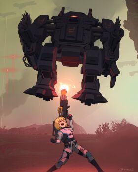 1girl absurdres artist_name automaton_(helldivers) black_gloves blonde_hair chainsaw cyberpunk_(series) cyberpunk:_edgerunners energy_cannon flare gloves helldivers_(series) highres hulk_(helldivers) military_uniform robot seaf_soldier_(helldivers) short_hair spacecraft xanran