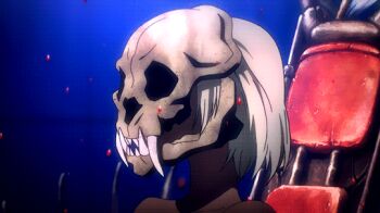 10s animated animated_gif blonde_hair bone castra dark_skin death_parade lips lipstick long_teeth makeup object_in_mouth pink_eyes purple_lips skull