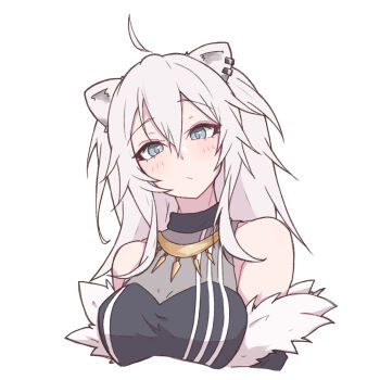 Rule 34 | 1girl, ahoge, animal ear piercing, animal ears, bare shoulders, black jacket, black shirt, blush, breasts, cropped torso, double-parted bangs, eihire, fur-trimmed jacket, fur trim, gold necklace, grey eyes, grey hair, hair between eyes, hololive, jacket, jacket partially removed, jewelry, large breasts, lion ears, long hair, long sidelocks, looking at viewer, messy hair, necklace, see-through cleavage, see-through clothes, shirt, shishiro botan, shishiro botan (1st costume), sidelocks, simple background, sleeveless, sleeveless shirt, solo, tight clothes, virtual youtuber, white background