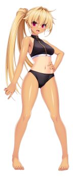 1girl barefoot bikini black_bikini blonde_hair breasts fang full_body game_cg hair_intakes hand_on_own_hip kamitsurugi_ouka kouyoku_senki_exs-tia_concert large_variant_set long_hair looking_at_viewer medium_breasts navel non-web_source official_art one-piece_tan oosumi_kanon open_mouth ponytail red_eyes side_ponytail solo sports_bikini standing swimsuit tachi-e tan tanline transparent_background variant_set