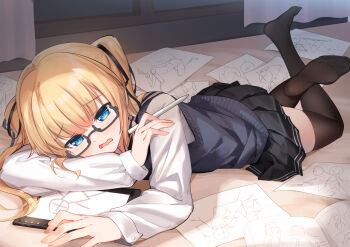 1girl bed_sheet bison_cangshu black-framed_eyewear black_ribbon black_skirt blonde_hair blue_eyes blush brown_thighhighs commentary_request crossed_legs drawing_(object) drawing_tablet glasses hair_ribbon highres holding holding_stylus long_hair long_sleeves lying no_shoes on_stomach open_mouth pleated_skirt puffy_long_sleeves puffy_sleeves ribbon saenai_heroine_no_sodatekata sawamura_spencer_eriri school_uniform semi-rimless_eyewear shirt sketch skirt soles solo stylus sweater_vest thighhighs twintails under-rim_eyewear wavy_mouth white_shirt