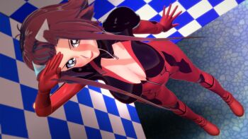 1girl 3d artist_request biker_clothes bikesuit blush bodysuit breasts brown_eyes cleavage curvy gloves highres izayoi_aki large_breasts long_hair looking_at_viewer no_bra open_bodysuit open_clothes open_mouth red_hair salute shiny_clothes shiny_skin sideboob smile solo thighs yu-gi-oh! yu-gi-oh!_5d&#039;s zipper