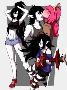 2girls absurdres adjusting_hair adventure_time black_hair black_tank_top blue_shirt blush breasts closed_eyes colored_skin commentary crown english_commentary fang frown full_body guitar hair_ribbon hair_tie highres holding holding_guitar holding_instrument holding_plectrum instrument kekel licking long_hair marceline_abadeer medium_breasts multiple_girls multiple_views navel off-shoulder_shirt off_shoulder pantyhose pink_hair pink_skin plectrum pointy_ears ponytail princess_bonnibel_bubblegum red_footwear ribbon shirt shoes short_hair shorts smile sneakers socks striped_clothes striped_pantyhose tank_top tongue tongue_out upper_body vampire white_skin yuri