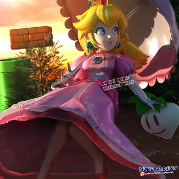 3d blonde_hair blue_eyes crown english_text gloves hanxulz lip_gloss lipgloss long_hair mario_(series) nintendo parasol pink_lips princess_peach red_footwear super_mario_bros._1 super_smash_bros. umbrella