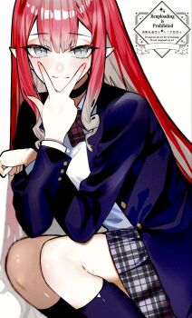 1girl baobhan_sith_(fate) blue_shirt blue_socks blush commentary_request fate/grand_order fate_(series) grey_eyes highres kabosoi_mangaka long_hair looking_at_viewer open_clothes pointy_ears red_hair shirt skirt smile socks solo squatting watermark white_shirt