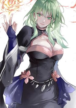 1girl alternate_costume black_dress breasts bridal_gauntlets cleavage closed_mouth commentary_request dress female_byleth_(awakened)_(fire_emblem) female_byleth_(fire_emblem) fire fire_emblem fire_emblem:_three_houses floating_hair green_eyes green_hair highres large_breasts lips long_hair long_sleeves looking_at_viewer magic nintendo pink_lips simple_background smile solo white_background zat_296