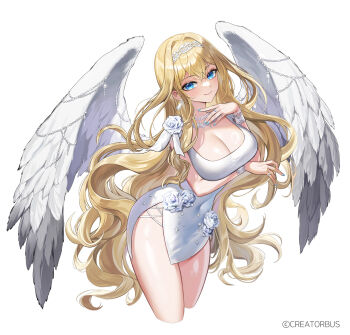 Rule 34 | 1girl, angel wings, arm under breasts, beldir mistiltein, blonde hair, blue eyes, blue nails, breasts, cleavage, closed mouth, covered navel, cropped legs, dress, feathered wings, hairband, hibiwa, highres, jewelry, large breasts, long hair, looking at viewer, nail polish, necklace, side slit, simple background, sleeveless, sleeveless dress, smile, solo, thighs, v-lup, very long hair, virtual youtuber, white background, white dress, wings