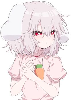 1girl absurdres albino alternate_hair_color animal_ears bare_arms blush bright_pupils carrot_necklace commentary hair_between_eyes highres inaba_tewi jewelry looking_to_the_side lop_rabbit_ears medium_hair necklace own_hands_together pink_hair pink_shirt puffy_short_sleeves puffy_sleeves rabbit_ears rabbit_girl shirt short_sleeves simple_background solo touhou tsukimirin upper_body white_background white_pupils