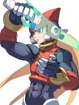 Rule 34 | 1boy, absurdres, armor, black eyes, blonde hair, blue eyes, commentary request, cowboy shot, forehead jewel, helmet, highres, long hair, male focus, mega man (series), mega man x (series), mega man zero (series), omochi (mochi skymega), red armor, red helmet, simple background, solo, white background, zero(z) (mega man), zero (mega man)