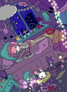 1girl alarm_clock animal ankh antique_phone balloon bed bed_sheet blanket blunt_bangs book boombox bottle bow bug building butterfly cable cake cellphone charger cityscape clock cloud computer crescent cross curtains ezaki_bisuko flower food fork fruit glass green-tinted_eyewear hair_bow heart heart-shaped_eyewear heart-shaped_pillow highres holding holding_phone hourglass insect ipod lamp laptop lips menhera-chan_(ezaki_bisuko) menhera-chan_(ezaki_bisuko)_(character) mirror mp3_player night on_bed phone photo_(object) pillow pink-framed_eyewear pink_hair pink_shorts plate plug profanity purple_bow rabbit red_flower rotary_phone see-through_curtains shield short_twintails shorts sidelocks sky skyscraper smartphone star_(sky) star_(symbol) strawberry string_of_flags stuffed_animal stuffed_toy taxidermy teddy_bear tinted_eyewear twintails usatan_(ezaki_bisuko) vase water_bottle white_shorts window