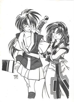 1boy 1girl ainu_clothes arm_hug assertive_female blush breasts cleavage dated fingerless_gloves gloves hair_ribbon highres hisame_shizumaru japanese_clothes legs low_ponytail medium_breasts monochrome one_eye_closed open_mouth pants ponytail ribbon rimururu samurai_spirits short_hair shorts sketch smile snk surprised swimsuit sword teeth thighs tongue traditional_media umbrella weapon wink
