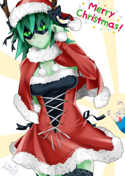 1boy 1girl absurdres adventure_time alternate_costume black_dress black_mask branch capelet chibo christmas colored_skin commentary_request dress finn_the_human fur-trimmed_capelet fur-trimmed_dress fur_trim green_eyes green_skin hat highres huntress_wizard looking_at_viewer mask plant_hair red_capelet red_dress red_hat santa_hat shin_(ultramarine430) tongue tongue_out two-tone_dress