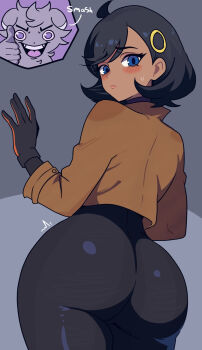 1girl ass black_hair blush bodysuit dark-skinned_female dark_skin emma_(pokemon) espurr from_behind gen_6_pokemon gloves jacket looking_back nintendo pokemon pokemon_legends:_z-a purple_eyes short_hair sleazynavi thumbs_up