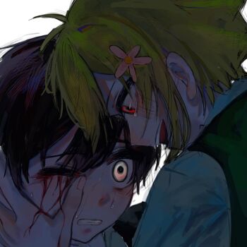 2boys 65rikachan alternate_eye_color antenna_hair basil_(faraway)_(omori) basil_(omori) black_hair blood blood_on_face clenched_teeth closed_mouth collared_shirt commentary double-parted_bangs flower green_sweater_vest hair_between_eyes hair_flower hair_ornament hashtag-only_commentary looking_at_another male_focus multiple_boys omori one_eye_closed open_mouth red_eyes shirt short_hair sidelocks simple_background spoilers sunny_(omori) sweater_vest teeth upper_teeth_only white_background white_eyes white_shirt