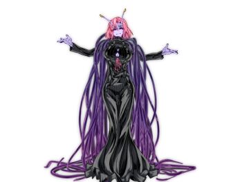 1girl antennae arms_up black_dress breasts button_gap closed_mouth colored_skin dimensional_eroder_(mon-musu_quest!) dress eyes_visible_through_hair for-u game_cg gown large_breasts large_variant_set long_hair mon-musu_quest! mon-musu_quest:_paradox monster_girl nose open_mouth outstretched_arms pink_hair purple_skin short_hair slug_girl standing tall_female tentacles turtleneck variant_set yellow_eyes