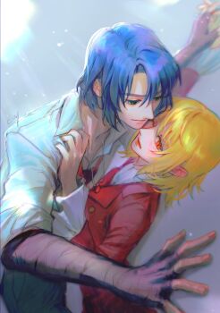 1boy 1girl athrun_zala bandaged_hand bandages blonde_hair blue_hair cagalli_yula_athha collared_shirt commentary_request couple green_eyes gundam gundam_seed hair_between_eyes hand_on_another's_chest hetero highres inhouhou jacket korean_commentary looking_at_another medium_hair one_eye_closed parted_bangs red_eyes red_jacket shirt white_jacket white_shirt