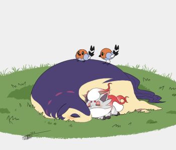 4others blush_stickers closed_eyes fletchling gen_6_pokemon grass hisuian_typhlosion hisuian_zorua lying multiple_others nintendo no_humans on_grass on_stomach pokemon pokemon_(creature) signature sleeping sleeping_on_pokemon sleeping_together tiger_subaru white_background