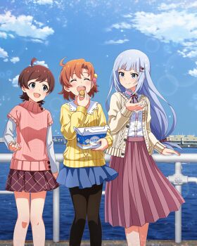 3girls ahoge blue_eyes blue_skirt brown_hair building buttons card_(medium) closed_eyes cloud eating food game_cg hair_ornament hairclip holding idolmaster idolmaster_million_live! idolmaster_million_live!_theater_days jacket kinoshita_hinata long_skirt multiple_girls neck_ribbon official_art open_mouth orange_hair pantyhose pleated_skirt railing ribbon shiraishi_tsumugi skirt smile sweater turtleneck turtleneck_sweater water white_hair yabuki_kana