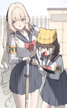 2girls absurdres alternate_costume angry armband averting_eyes black_eyes black_ribbon blonde_hair blue_eyes blunt_bangs blurry blurry_background blush bow bowtie braid breasts brown_hair chime_(nikke) cleavage clothes_lift collarbone commentary crown_(nikke) day drill_hair drill_sidelocks fang fence goddess_of_victory:_nikke grey_sailor_collar grey_skirt hair_ribbon hair_tubes hand_in_own_hair hand_on_hilt hands_up hat hat_with_ears height_difference high-waist_skirt highres holding holding_stylus holding_tablet_pc ko_uniii large_breasts long_hair long_sleeves looking_at_viewer low_twin_braids low_twintails medium_breasts midriff_peek miniskirt multiple_girls navel nervous_smile open_mouth outdoors parted_lips planted planted_sword planted_weapon pleated_skirt red_bow red_bowtie ribbon sailor_collar school_uniform serafuku shinai shirt shirt_lift shirt_partially_tucked_in shirt_tucked_in sidelocks sideways_glance skin_fang skirt smile standing stylus sweatdrop sword symbol-only_commentary tablet_pc twin_braids twintails v-shaped_eyebrows very_long_hair wavy_mouth weapon white_shirt wide-eyed yellow_armband yellow_hat