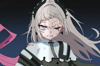 1girl angry arched_bangs arknights blood clenched_teeth commentary_request crying crying_with_eyes_open cuts djm493 earrings frown frustrated grey_hair grimace highres injury irene_(arknights) jewelry korean_commentary long_hair looking_at_viewer one_eye_closed pain portrait scar scar_across_eye scar_on_face shirt solo tears teeth torn_clothes torn_shirt v-shaped_eyebrows white_shirt
