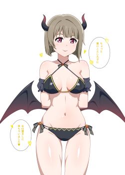 1girl :p absurdres adapted_costume alternate_breast_size_(larger) arms_behind_back asymmetrical_hair bare_shoulders bikini black_bikini bob_cut breasts breasts_apart brown_hair closed_mouth commentary_request demon_girl demon_horns gradient_horns gradient_wings heart highres hoenn_(jgm1102) horns inverted_bob looking_at_viewer love_live! love_live!_nijigasaki_high_school_idol_club medium_breasts multi-strapped_bikini_bottom multicolored_horns multicolored_wings nakasu_kasumi pink_eyes red_horns red_wings short_hair smile solo speech_bubble swimsuit tokimeki_fes_tenshi_to_akuma_kara_no_shoutaijou tongue tongue_out translation_request wings