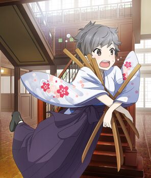 Rule 34 | 1girl, black boots, boots, brown eyes, clothing cutout, dot nose, floral print, floral print kimono, flying sweatdrops, game cg, grey hair, hakama, hasui mayumi, hip vent, holding, holding sheath, indoors, japanese clothes, kimono, official art, open mouth, print kimono, purple hakama, purple kimono, railing, sheath, short hair, small sweatdrop, solo, stairs, stairwell, taishou, teeth, third-party source, tile floor, tiles, toji no miko, toji no miko: kizamishi issen no tomoshibi, tripping, upper teeth only, very short hair, wide sleeves, window
